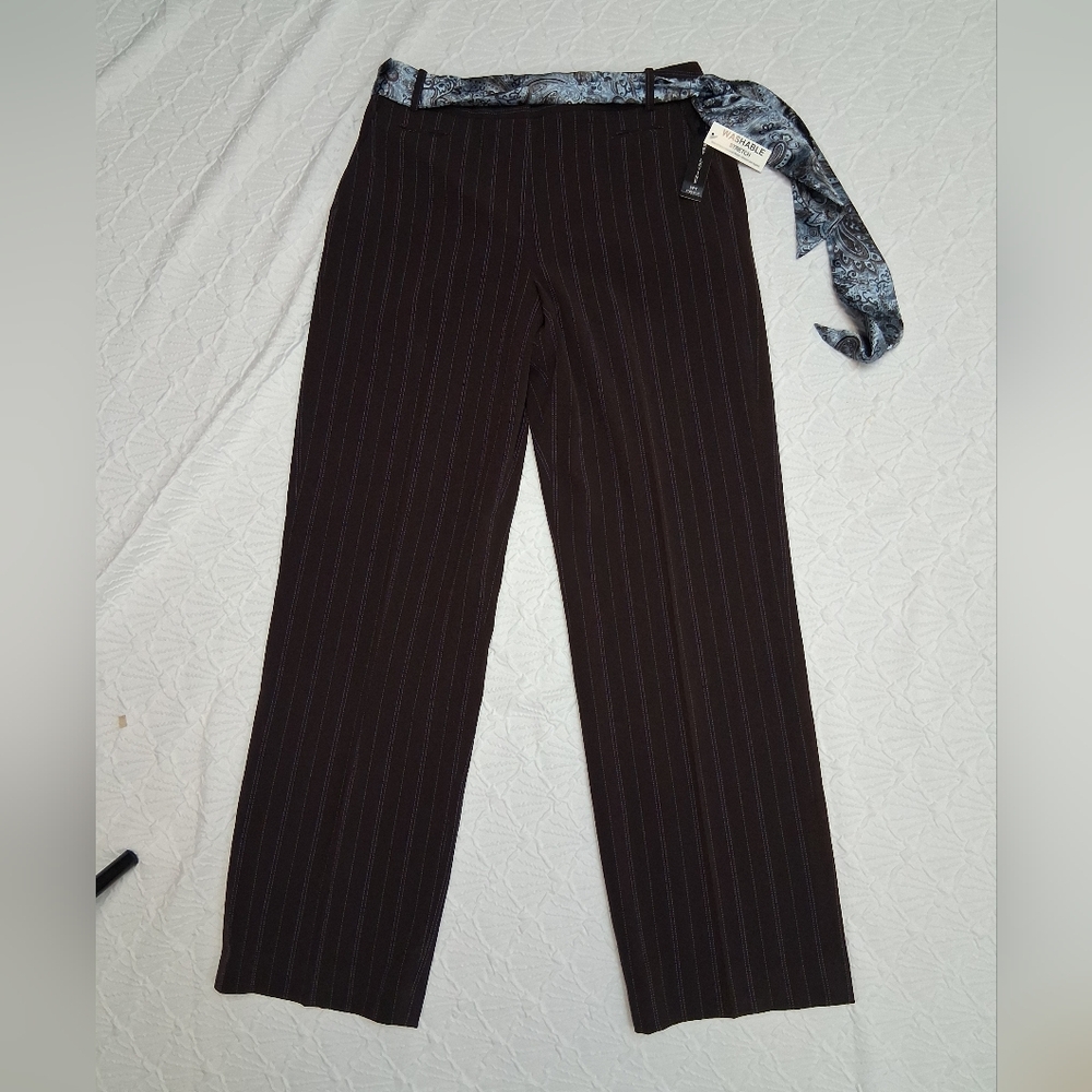 Larry Levine Brown Pinstripe Wide-Leg Pants with Blue Stitching Size 10 - Picture 5 of 16